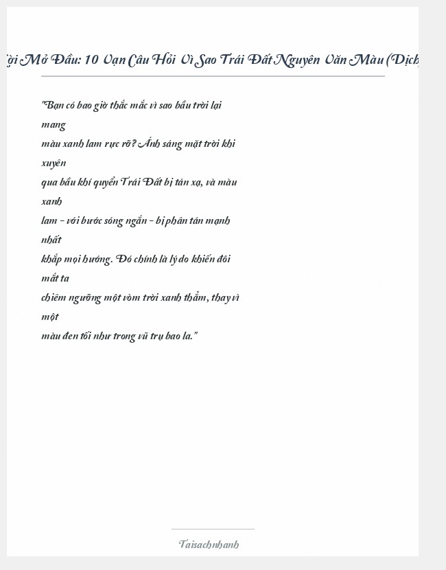 Trích đoạn 10 Vạn Câu Hỏi Vì Sao Trái Đất Nguyên Văn Màu (Dịch)