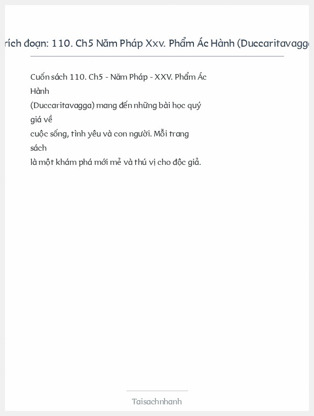 Trích đoạn 110. Ch5 Năm Pháp Xxv. Phẩm Ác Hành (Duccaritavagga)