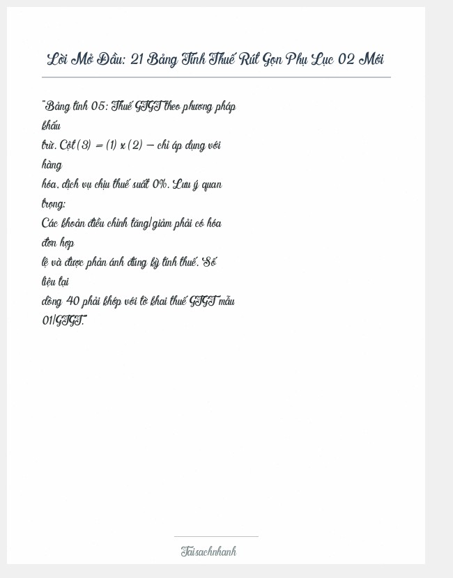 Trích đoạn 21 Bảng Tính Thuế Rút Gọn Phụ Lục 02 Mới