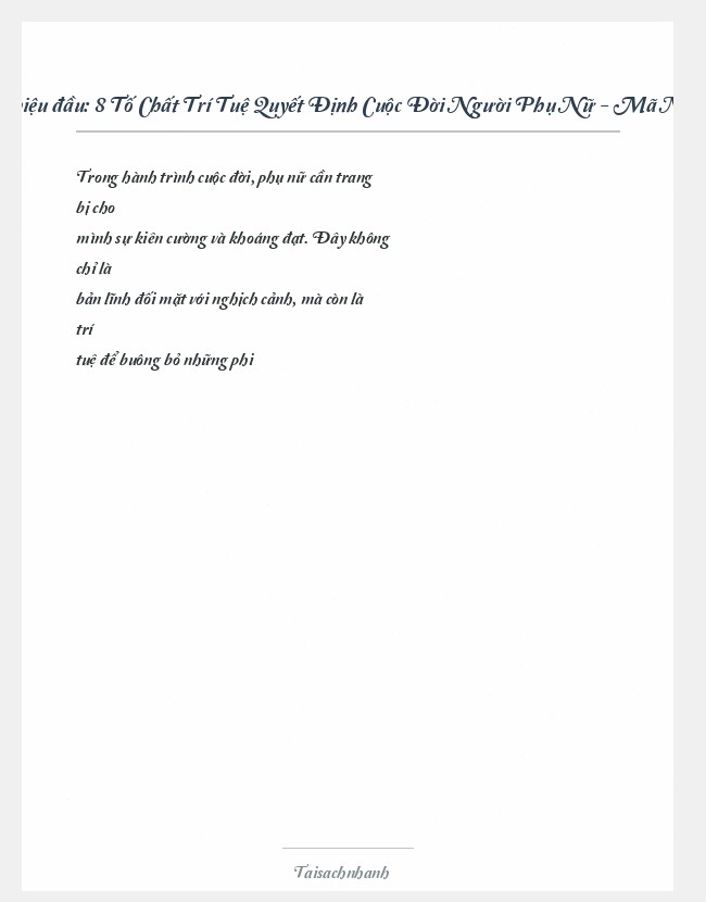 Trích đoạn 8 Tố Chất Trí Tuệ Quyết Định Cuộc Đời Người Phụ Nữ - Mã Ngân Văn