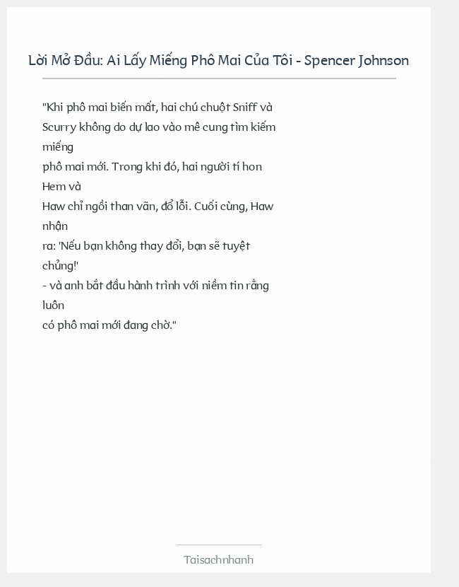 Trích đoạn Ai Lấy Miếng Phô Mai Của Tôi - Spencer Johnson