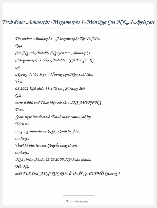 Trích đoạn Animorphs Megamorphs 1 Mon Qua Cua N K.A Applegate