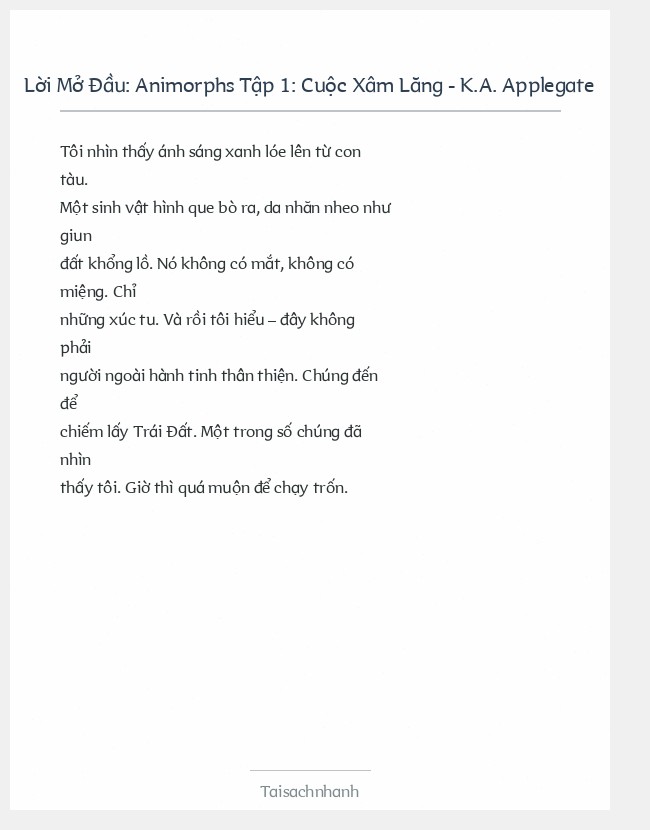 Trích đoạn Animorphs Tập 1: Cuộc Xâm Lăng - K.A. Applegate
