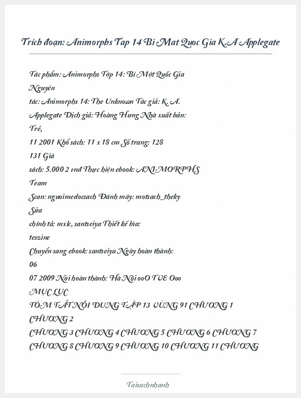 Trích đoạn Animorphs Tap 14 Bi Mat Quoc Gia K.A Applegate