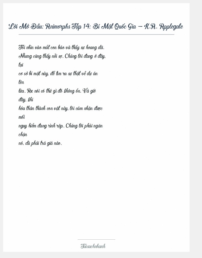 Trích đoạn Animorphs Tập 14: Bí Mật Quốc Gia - K.A. Applegate