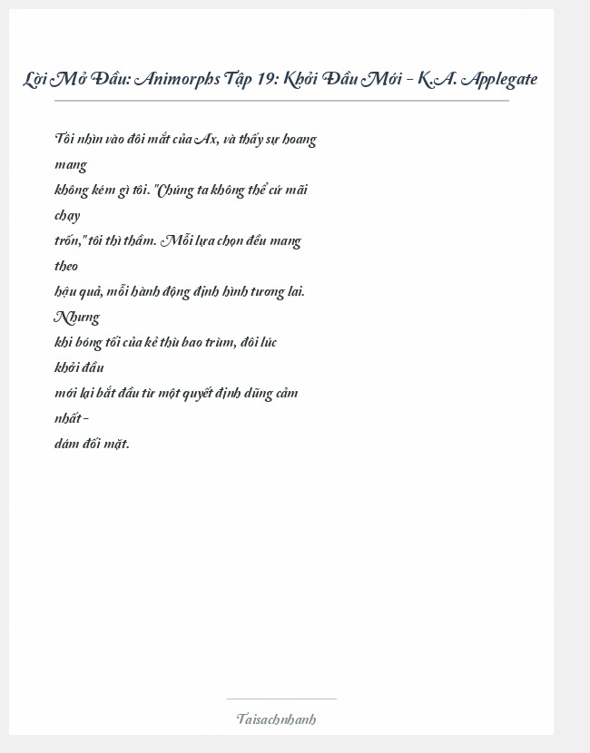 Trích đoạn Animorphs Tập 19: Khởi Đầu Mới - K.A. Applegate