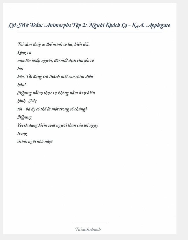 Trích đoạn Animorphs Tập 2: Người Khách Lạ - K.A. Applegate