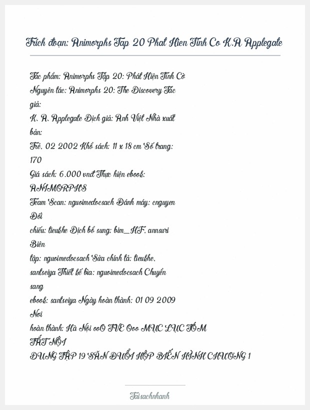 Trích đoạn Animorphs Tap 20 Phat Hien Tinh Co K.A Applegate