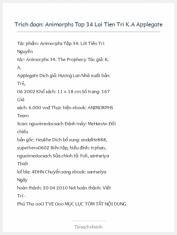 Trích đoạn Animorphs Tap 34 Loi Tien Tri K.A Applegate
