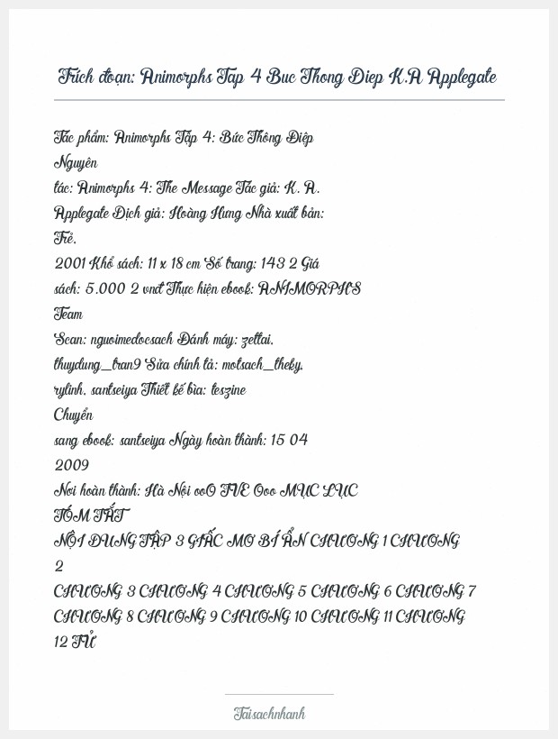 Trích đoạn Animorphs Tap 4 Buc Thong Diep K.A Applegate