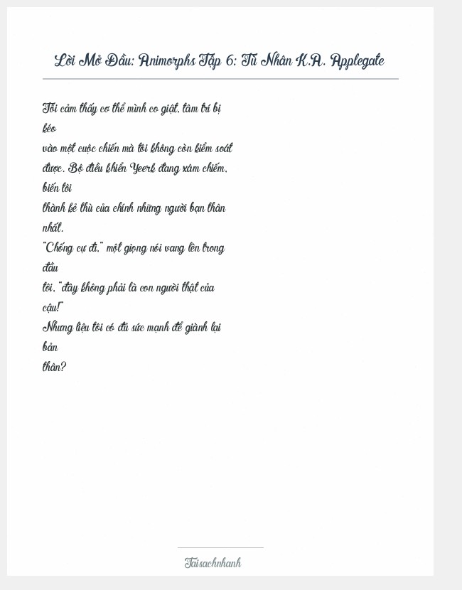 Trích đoạn Animorphs Tập 6: Tù Nhân K.A. Applegate
