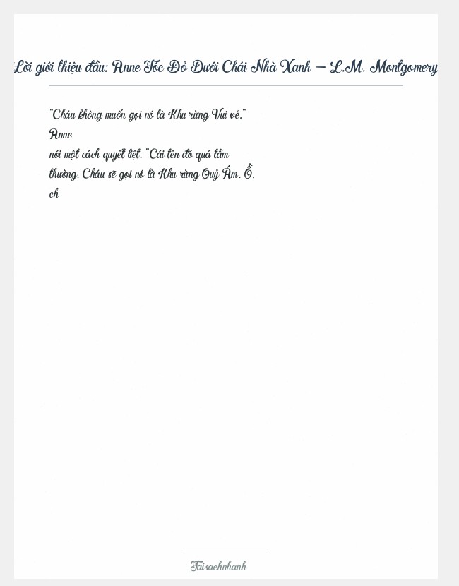 Trích đoạn Anne Tóc Đỏ Dưới Chái Nhà Xanh - L.M. Montgomery