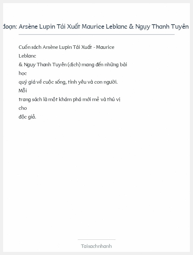 Trích đoạn Arsène Lupin Tái Xuất Maurice Leblanc & Ngụy Thanh Tuyên (Dịch)