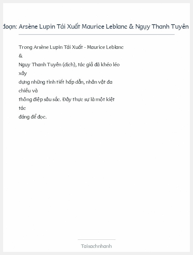 Trích đoạn Arsène Lupin Tái Xuất Maurice Leblanc & Ngụy Thanh Tuyên (Dịch)