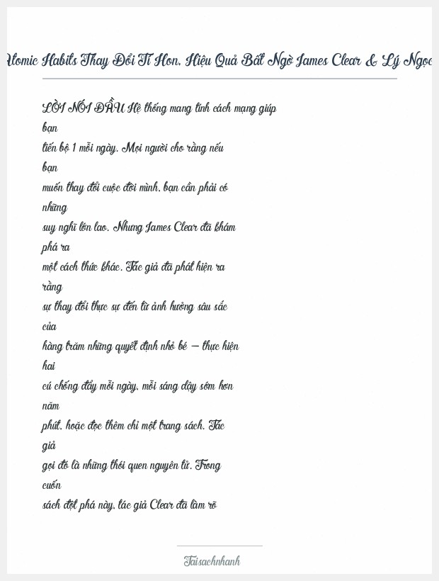 Trích đoạn Atomic Habits Thay Đổi Tí Hon, Hiệu Quả Bất Ngờ James Clear & Lý Ngọc Anh (Dịch)