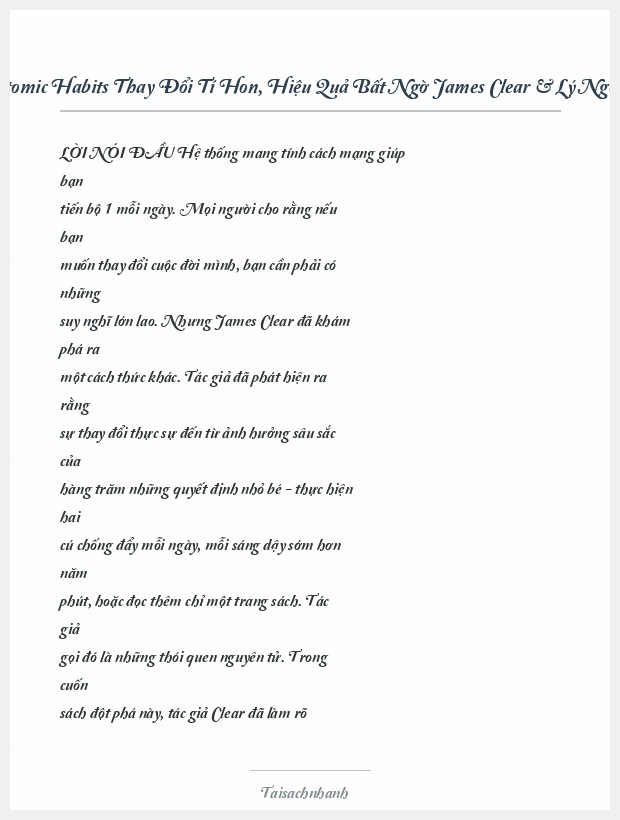 Trích đoạn Atomic Habits Thay Đổi Tí Hon, Hiệu Quả Bất Ngờ James Clear & Lý Ngọc Anh (Dịch)