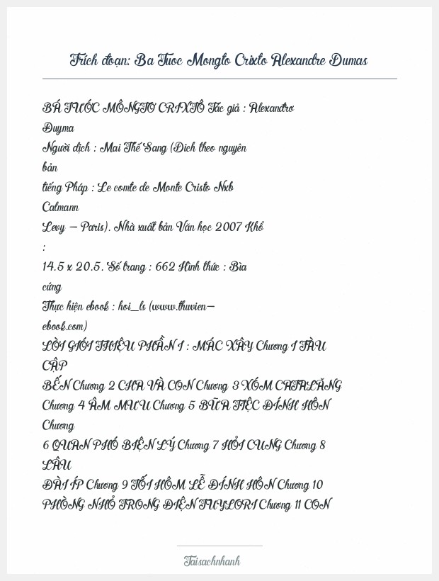 Trích đoạn Ba Tuoc Mongto Crixto Alexandre Dumas