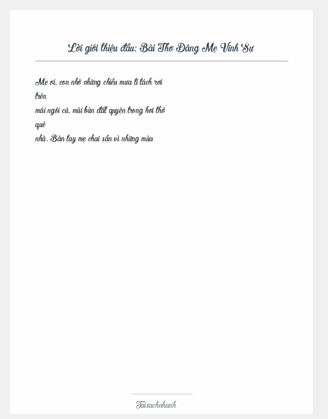 Trích đoạn Bài Thơ Dâng Mẹ Vĩnh Sự