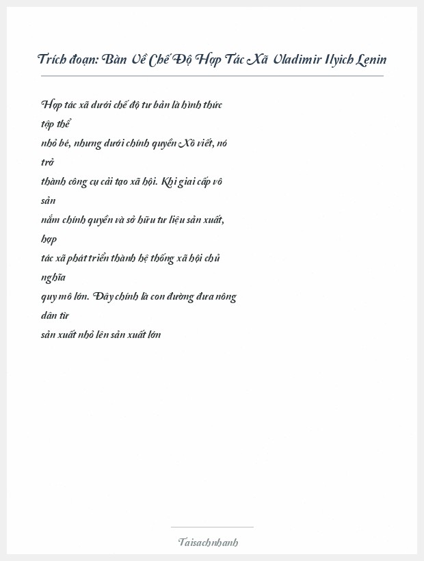 Trích đoạn Bàn Về Chế Độ Hợp Tác Xã Vladimir Ilyich Lenin