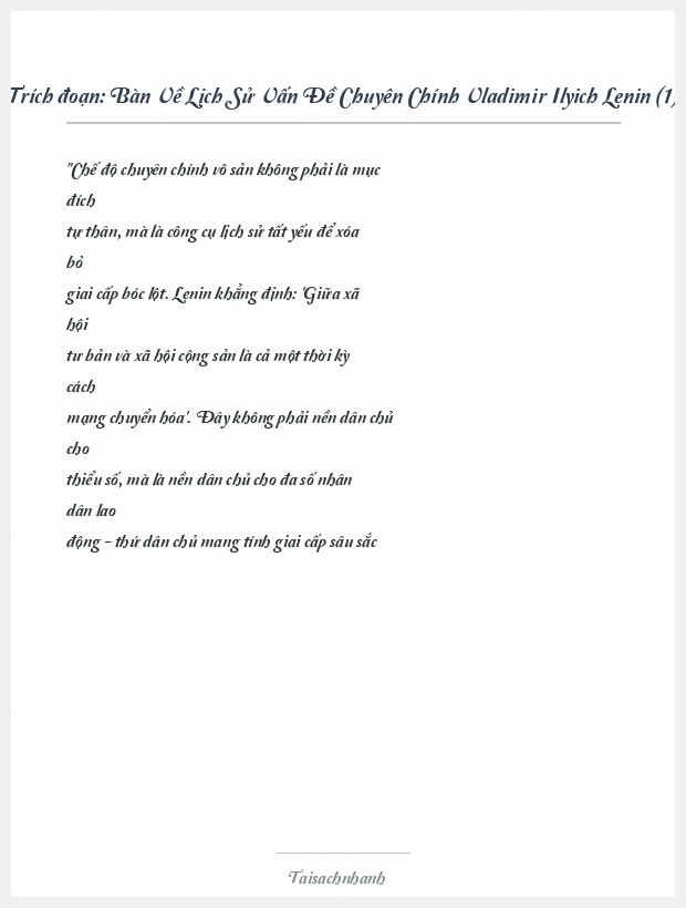 Trích đoạn Bàn Về Lịch Sử Vấn Đề Chuyên Chính Vladimir Ilyich Lenin (1)