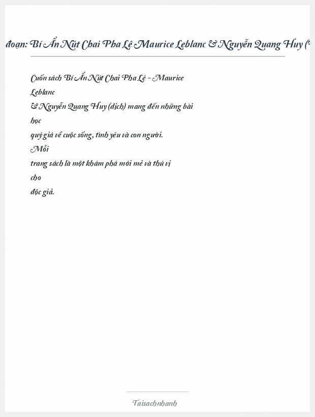 Trích đoạn Bí Ẩn Nút Chai Pha Lê Maurice Leblanc & Nguyễn Quang Huy (Dịch)