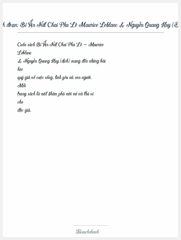 Trích đoạn Bí Ẩn Nút Chai Pha Lê Maurice Leblanc & Nguyễn Quang Huy (Dịch)