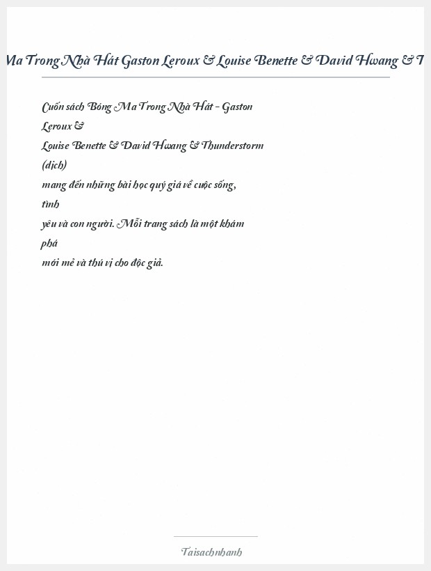 Trích đoạn Bóng Ma Trong Nhà Hát Gaston Leroux & Louise Benette & David Hwang & Thunderstorm (Dịch)