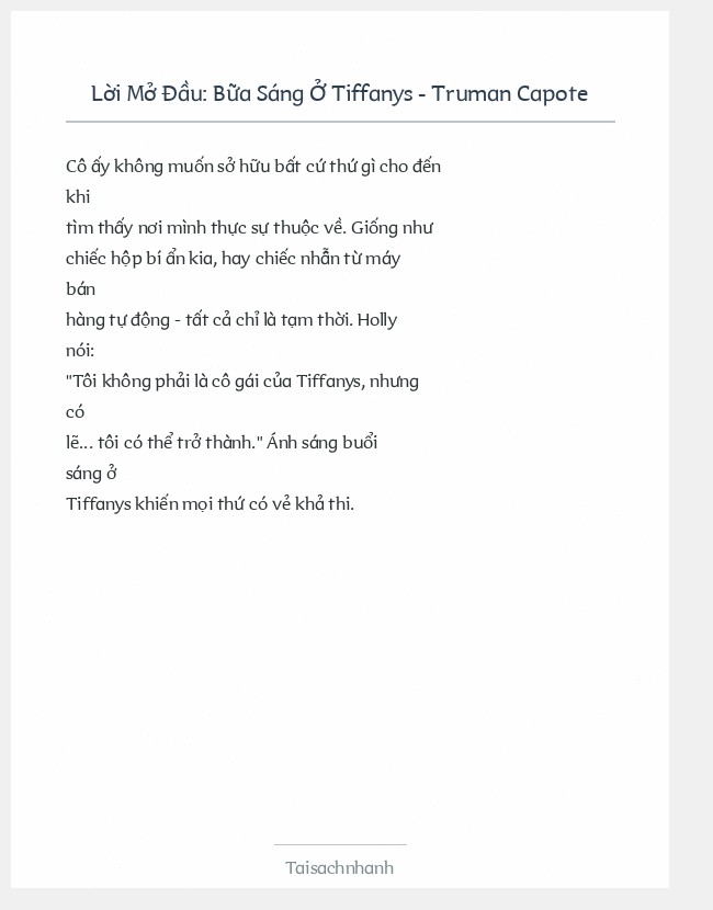 Trích đoạn Bữa Sáng Ở Tiffanys - Truman Capote