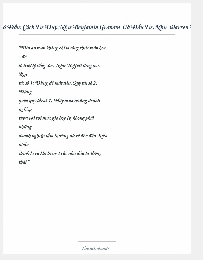 Trích đoạn Cách Tư Duy Như Benjamin Graham Và Đầu Tư Như Warren Buffett