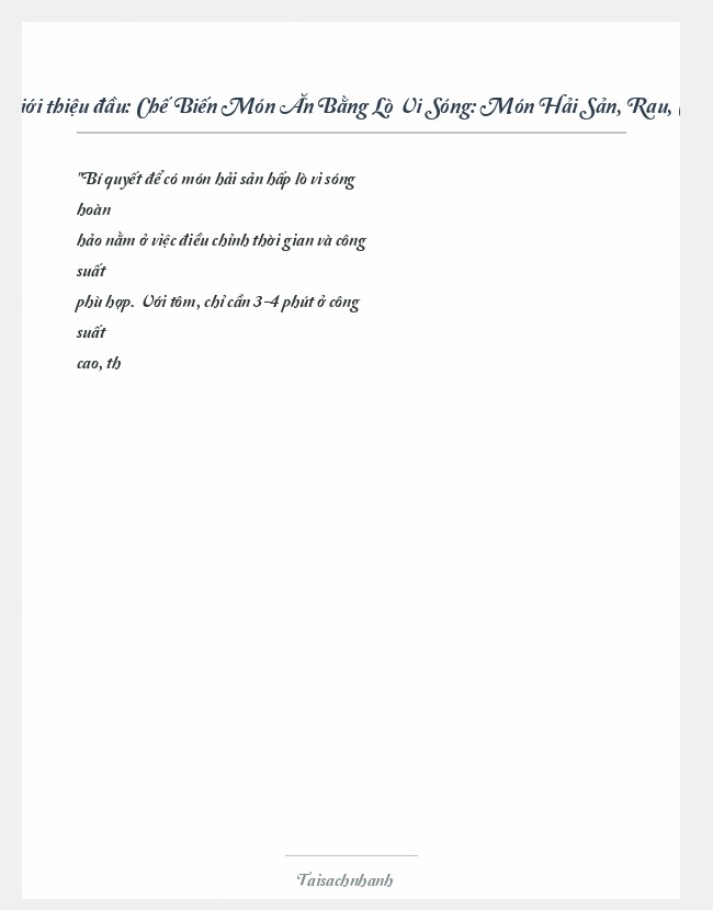 Trích đoạn Chế Biến Món Ăn Bằng Lò Vi Sóng: Món Hải Sản, Rau, Canh