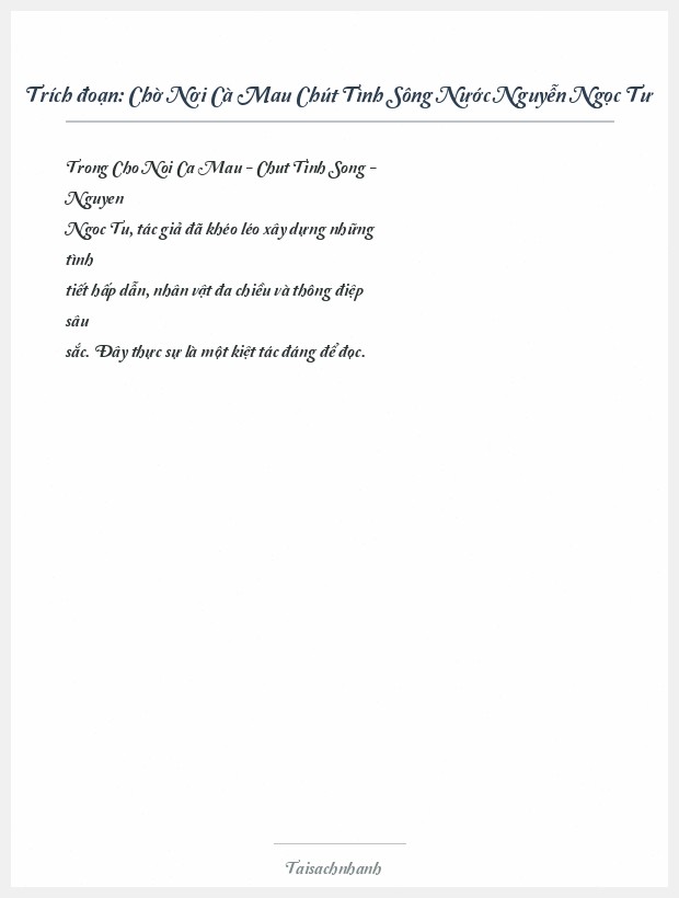 Trích đoạn Chờ Nơi Cà Mau Chút Tình Sông Nước Nguyễn Ngọc Tư