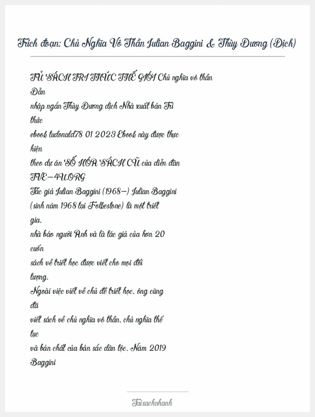 Trích đoạn Chủ Nghĩa Vô Thần Julian Baggini & Thùy Dương (Dịch)