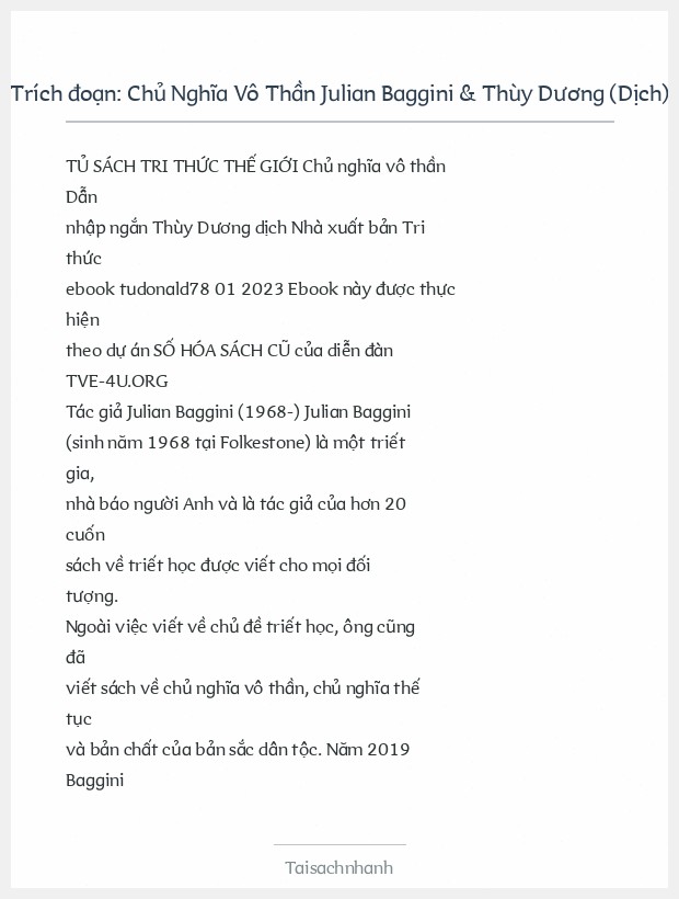 Trích đoạn Chủ Nghĩa Vô Thần Julian Baggini & Thùy Dương (Dịch)