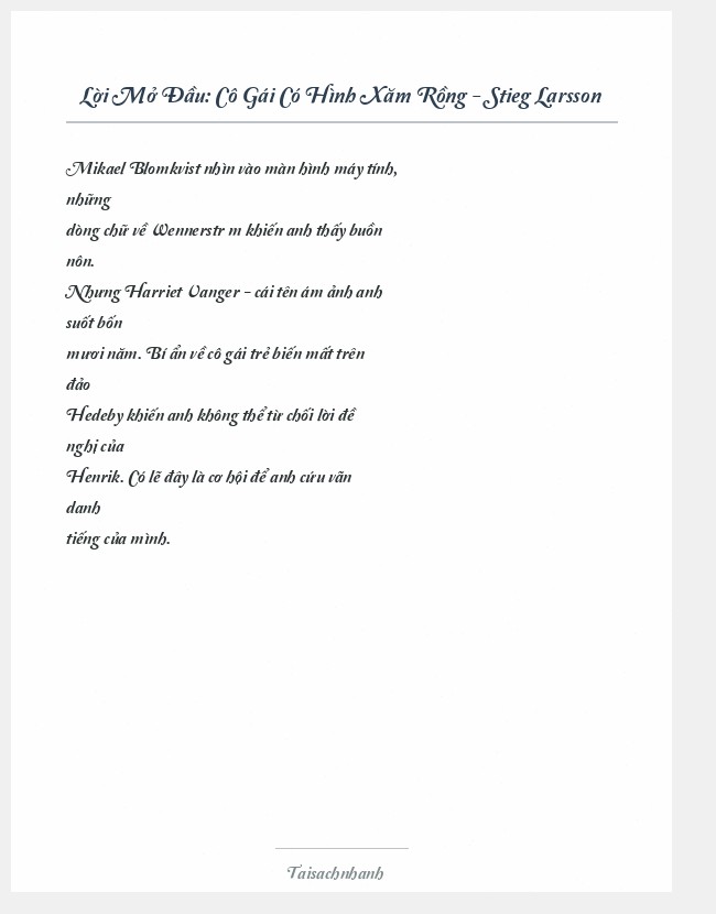 Trích đoạn Cô Gái Có Hình Xăm Rồng - Stieg Larsson