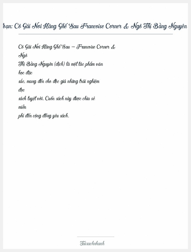 Trích đoạn Cô Gái Nơi Hàng Ghế Sau Francoise Corner & Ngô Thị Bằng Nguyên (Dịch)