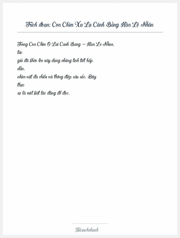 Trích đoạn Con Chim Xa Lạ Cánh Bằng Hàn Lệ Nhân