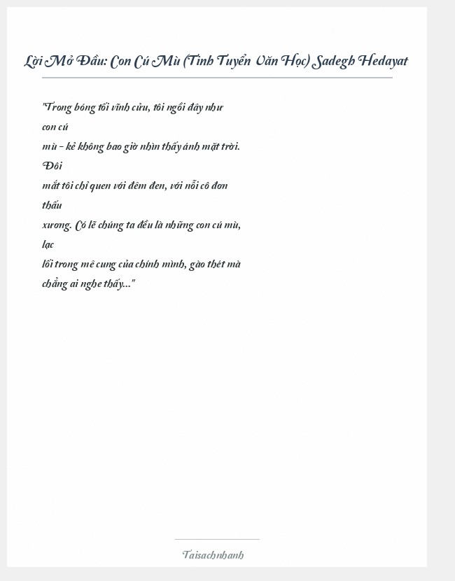 Trích đoạn Con Cú Mù (Tinh Tuyển Văn Học) Sadegh Hedayat