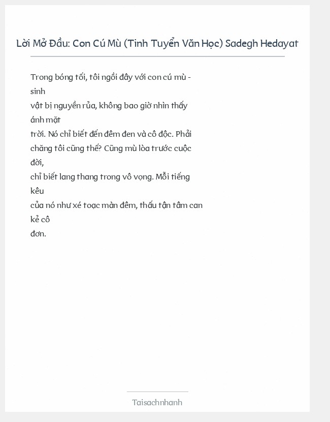 Trích đoạn Con Cú Mù (Tinh Tuyển Văn Học) Sadegh Hedayat