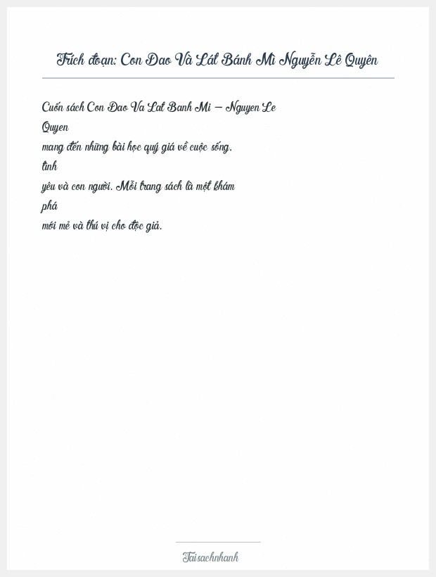 Trích đoạn Con Dao Và Lát Bánh Mì Nguyễn Lê Quyên
