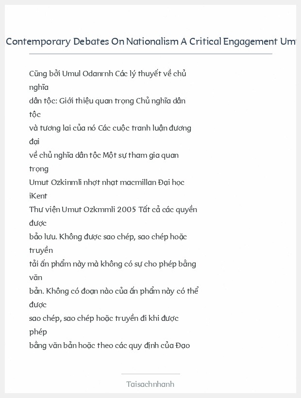Trích đoạn Contemporary Debates On Nationalism A Critical Engagement Umut Ozkirimli