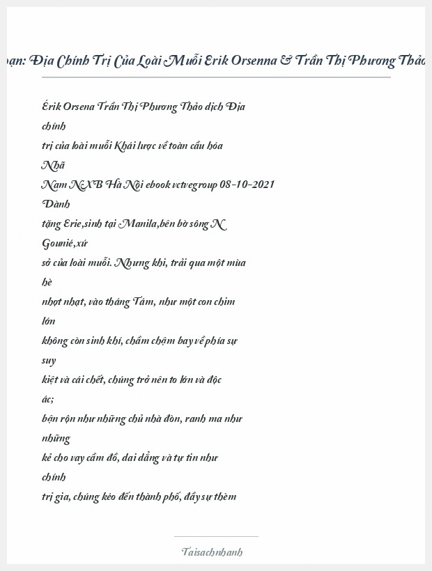 Trích đoạn Địa Chính Trị Của Loài Muỗi Erik Orsenna & Trần Thị Phương Thảo (Dịch)