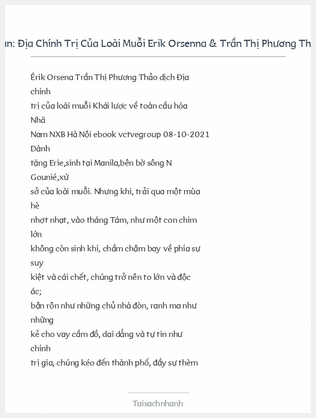 Trích đoạn Địa Chính Trị Của Loài Muỗi Erik Orsenna & Trần Thị Phương Thảo (Dịch)