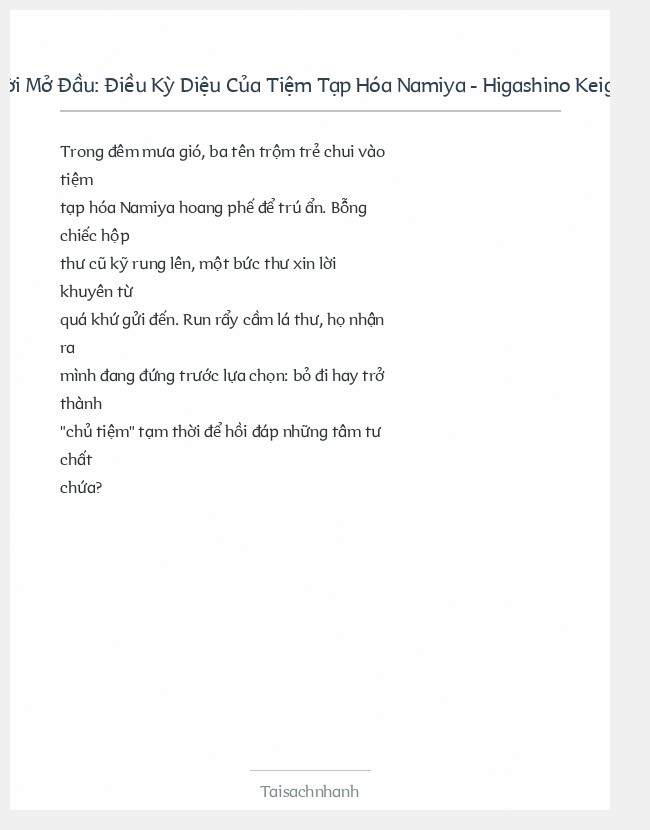 Trích đoạn Điều Kỳ Diệu Của Tiệm Tạp Hóa Namiya - Higashino Keigo