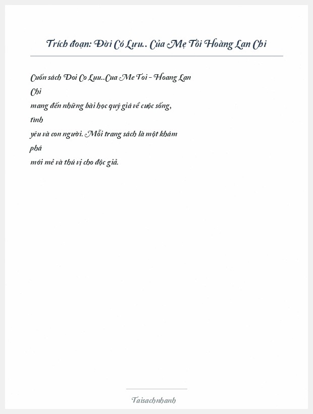 Trích đoạn Đời Có Lưu.. Của Mẹ Tôi Hoàng Lan Chi