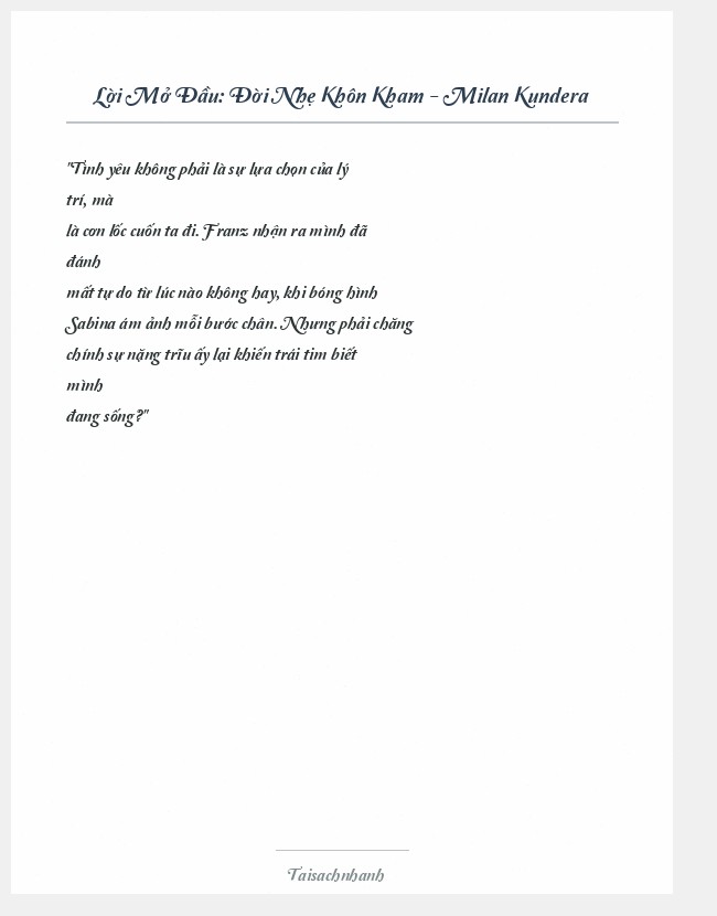 Trích đoạn Đời Nhẹ Khôn Kham - Milan Kundera