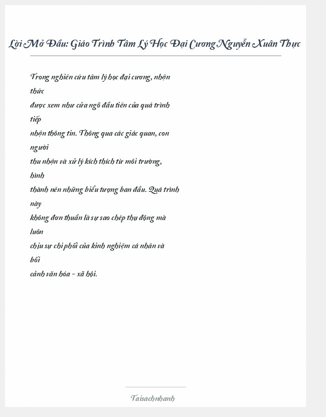 Trích đoạn Giáo Trình Tâm Lý Học Đại Cương Nguyễn Xuân Thực
