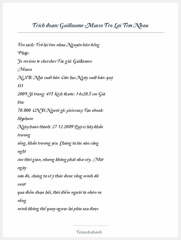 Trích đoạn Guillaume Musso Tro Lai Tim Nhau