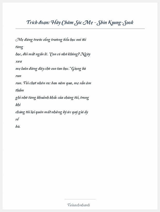 Trích đoạn Hãy Chăm Sóc Mẹ - Shin Kyung-Sook