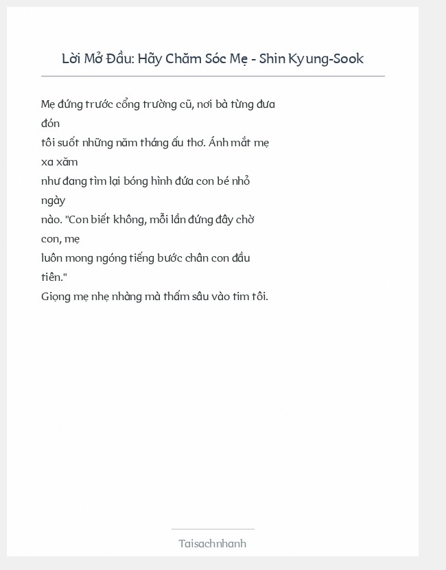 Trích đoạn Hãy Chăm Sóc Mẹ - Shin Kyung-Sook