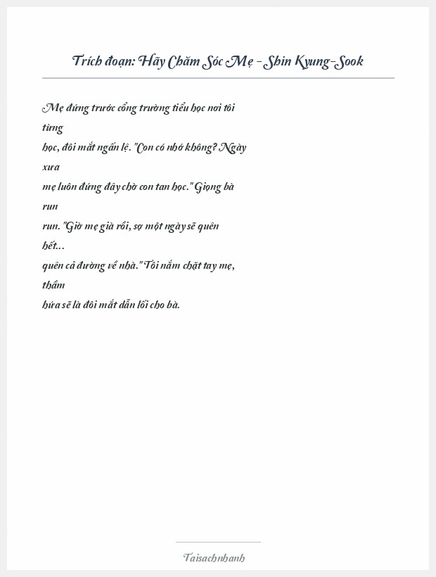 Trích đoạn Hãy Chăm Sóc Mẹ - Shin Kyung-Sook